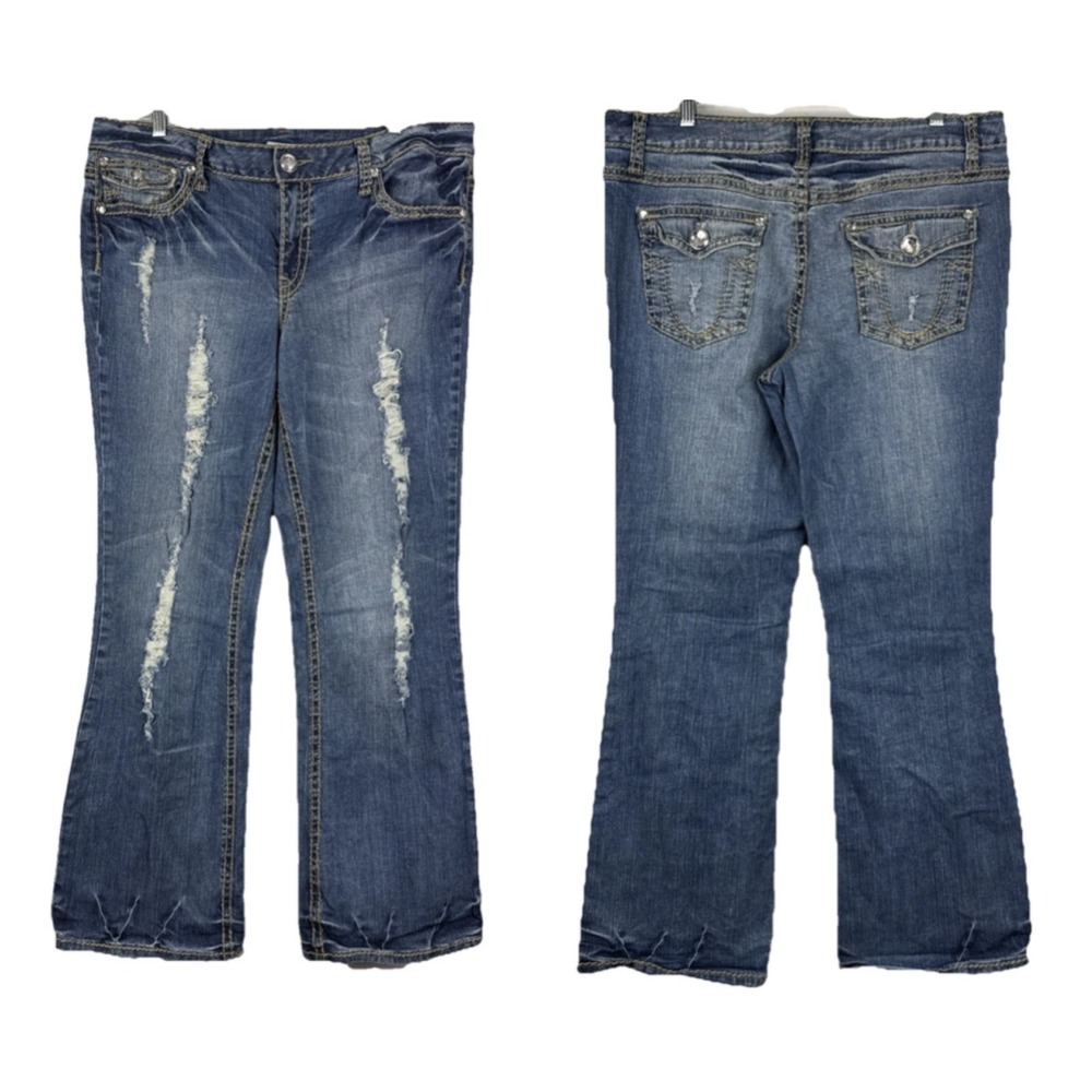 Y2K Jeans Womens 14 Denim Rhinestones Bootcut Distressed Bling Flap Pockets Cato